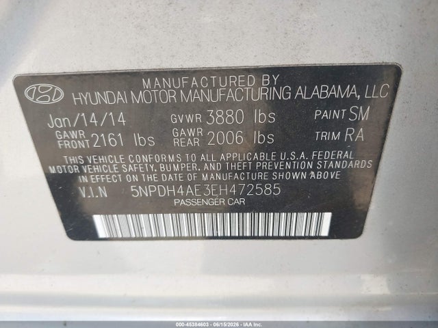 Aukcja sprzedaży 2014 Hyundai Elantra Se, vin: 5NPDH4AE3EH472585, numer aukcji: 45384603