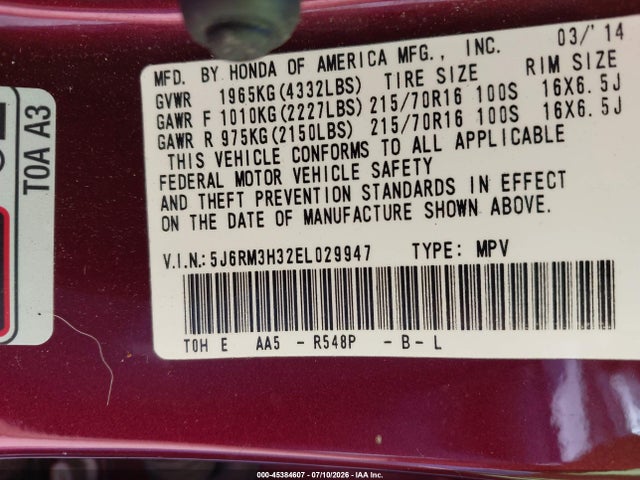 Honda CR-V LX 2014 5J6RM3H32EL029947 Image 9