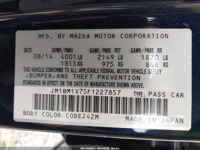Aukcja sprzedaży 2015 Mazda Mazda3 I Touring, vin: JM1BM1V75F1227857, numer aukcji: 45384623