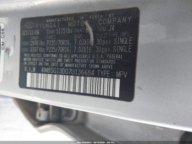 2007 Hyundai Santa Fe Gls მანქანა იყიდება აუქციონზე, vin: KM8SG13D07U136684, აუქციონის ნომერი: 45384633