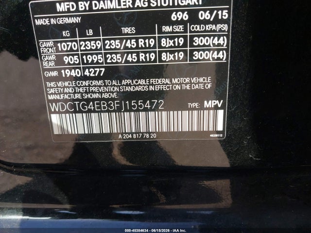 WDCTG4EB3FJ155472 Mercedes-Benz GLA 250