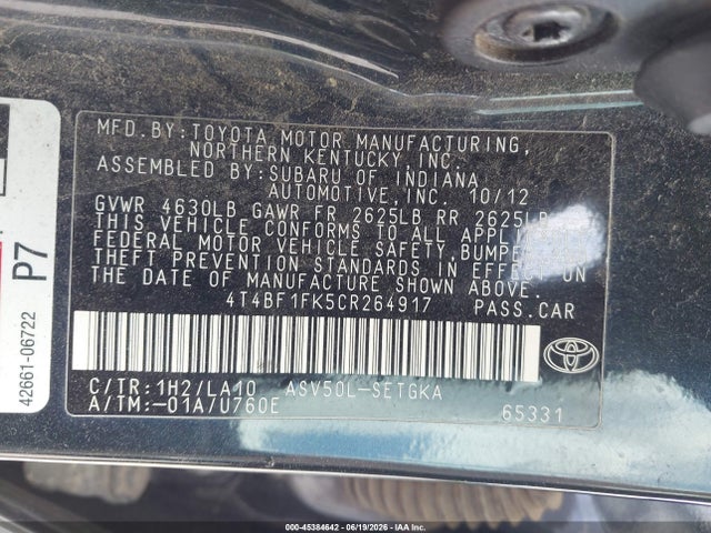 Aukcja sprzedaży 2012 Toyota Camry Xle, vin: 4T4BF1FK5CR264917, numer aukcji: 45384642