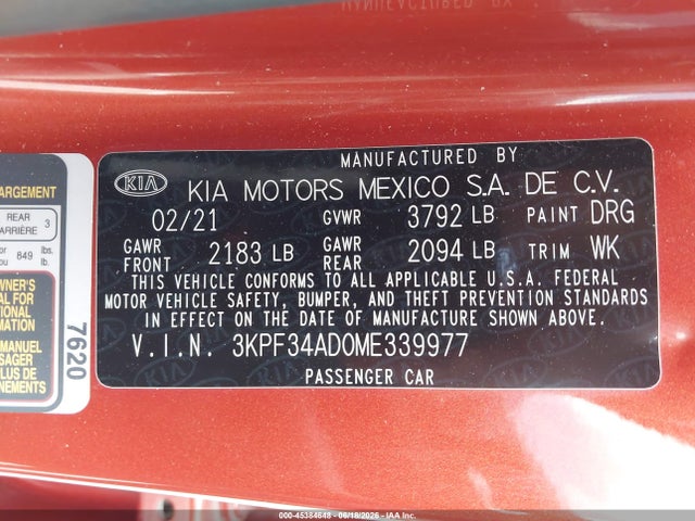 Aukcja sprzedaży 2021 Kia Forte Gt-line, vin: 3KPF34AD0ME339977, numer aukcji: 45384648