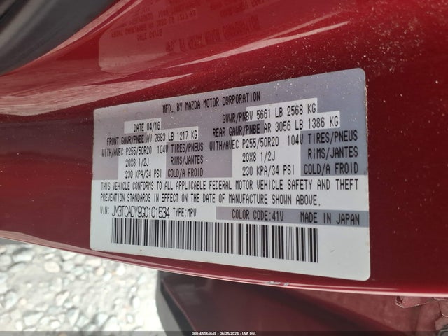 Aukcja sprzedaży 2016 Mazda Cx-9 Grand Touring, vin: JM3TCADY9G0101534, numer aukcji: 45384649