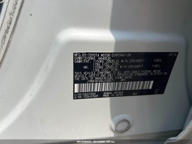 Aukcja sprzedaży 2016 Toyota Rav4 Le, vin: JTMBFREV0GJ100071, numer aukcji: 45384670