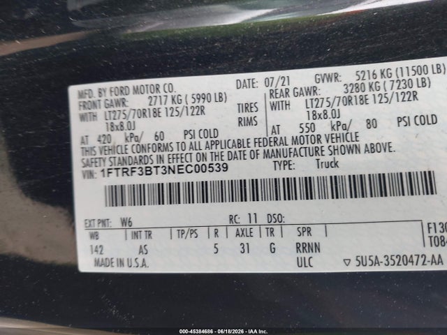 45384686 :رقم المزاد ، 1FTRF3BT3NEC00539 vin ، 2022 Ford F-350 Xl مزاد بيع