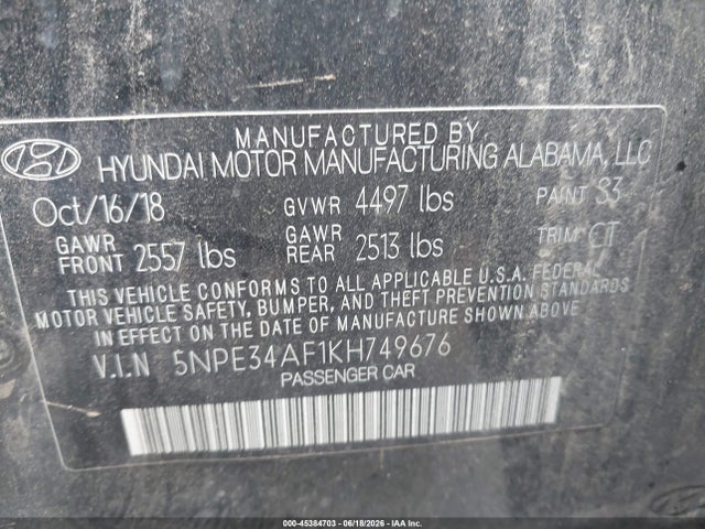 Продаж на аукціоні авто 2019 Hyundai Sonata Sel, vin: 5NPE34AF1KH749676, номер лоту: 45384703