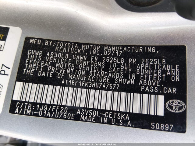 Продаж на аукціоні авто 2017 Toyota Camry Se, vin: 4T1BF1FK3HU747677, номер лоту: 45384716