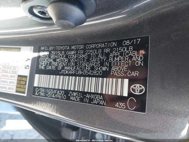 2017 Toyota Prius Three მანქანა იყიდება აუქციონზე, vin: JTDKARFU8H3542820, აუქციონის ნომერი: 45384721
