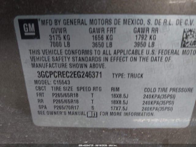 45384725 :رقم المزاد ، 3GCPCREC2EG246371 vin ، 2014 Chevrolet Silverado 1500 Lt مزاد بيع