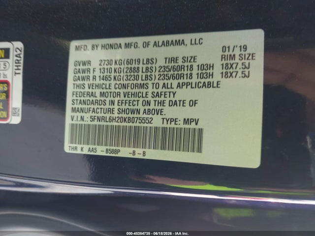 Honda ODYSSEY LX 2019 5FNRL6H20KB075552 Image 9