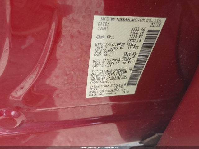 2019 Nissan Titan Pro-4x მანქანა იყიდება აუქციონზე, vin: 1N6AA1E58KN519358, აუქციონის ნომერი: 45384751