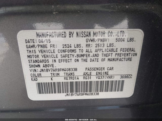 Aukcja sprzedaży 2015 Infiniti Q50 Premium, vin: JN1BV7AR9FM408338, numer aukcji: 45384752