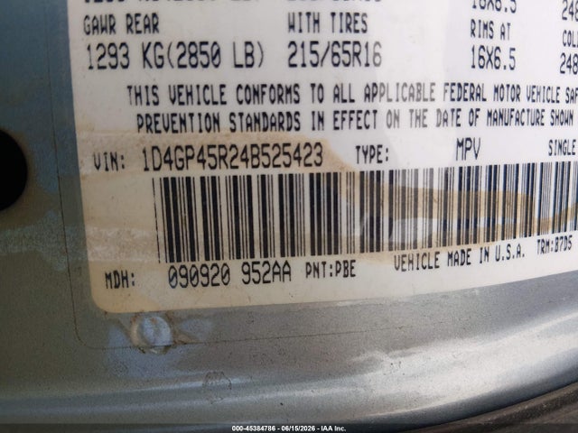 Aukcja sprzedaży 2004 Dodge Caravan Sxt, vin: 1D4GP45R24B525423, numer aukcji: 45384786