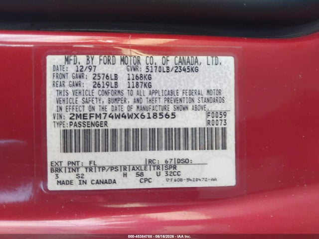 Продажа на аукционе авто 1998 Mercury Grand Marquis, vin: 2MEFM74W4WX618565, номер лота: 45384788