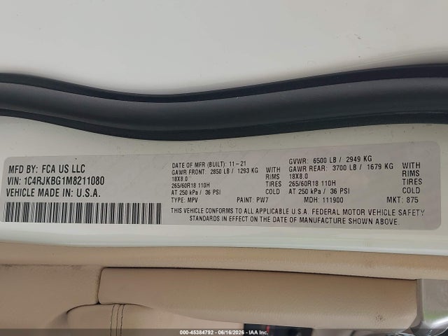 1C4RJKBG1M8211080 Jeep Grand Cherokee L Limited 4x4
