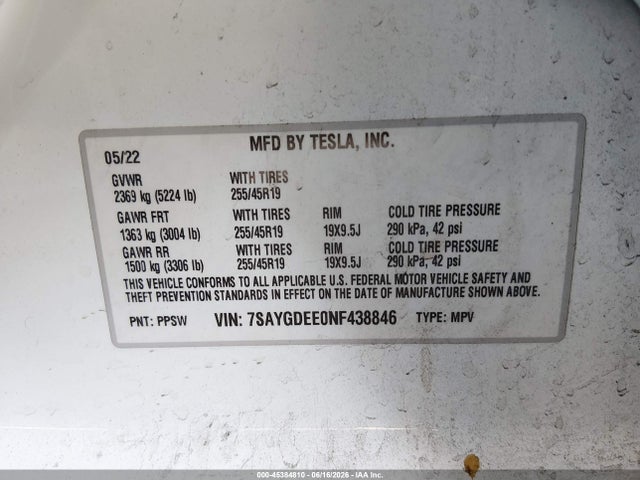 45384810 :رقم المزاد ، 7SAYGDEE0NF438846 vin ، 2022 Tesla Model Y Long Range Dual Motor All-wheel Drive مزاد بيع