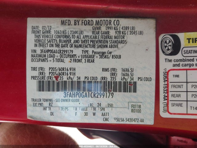 Aukcja sprzedaży 2012 Ford Fusion S, vin: 3FAHP0GA1CR299179, numer aukcji: 45384821
