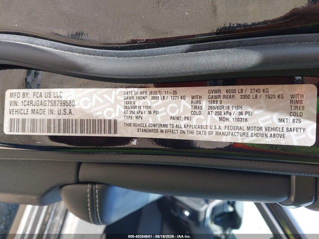 Aukcja sprzedaży 2025 Jeep Grand Cherokee Laredo X 4x2, vin: 1C4RJGAG7S8799580, numer aukcji: 45384841