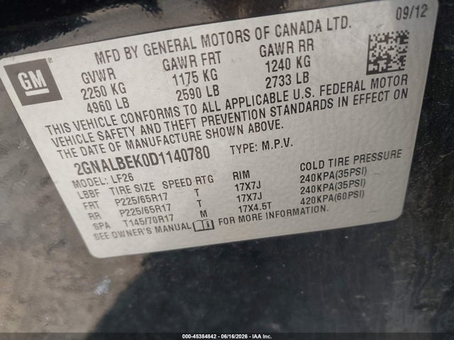 45384842 :رقم المزاد ، 2GNALBEK0D1140780 vin ، 2013 Chevrolet Equinox Ls مزاد بيع