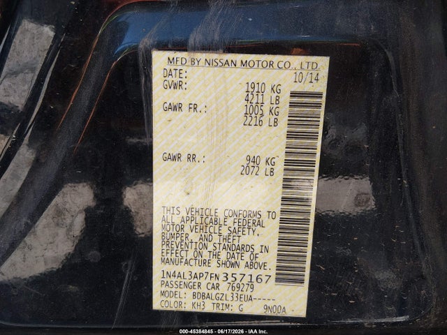Продаж на аукціоні авто 2015 Nissan Altima 2.5 S, vin: 1N4AL3AP7FN357167, номер лоту: 45384845