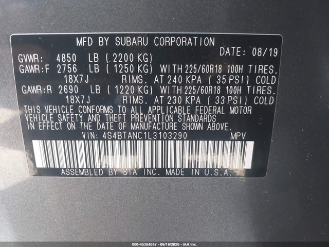 Subaru Outback Limited 2020 4S4BTANC1L3103290 Image 9