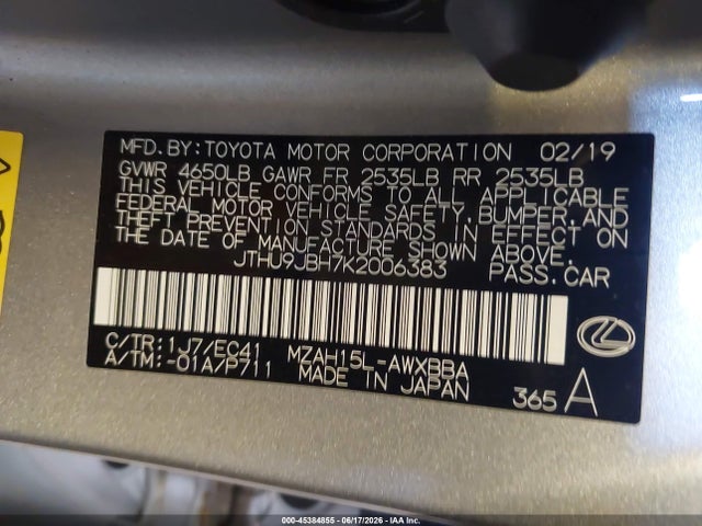 2019 Lexus Ux 250h მანქანა იყიდება აუქციონზე, vin: JTHU9JBH7K2006383, აუქციონის ნომერი: 45384855