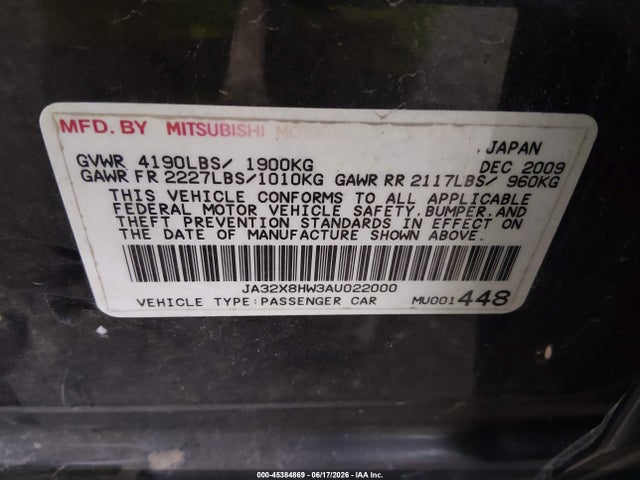 45384869 :رقم المزاد ، JA32X8HW3AU022000 vin ، 2010 Mitsubishi Lancer Sportback Gts مزاد بيع