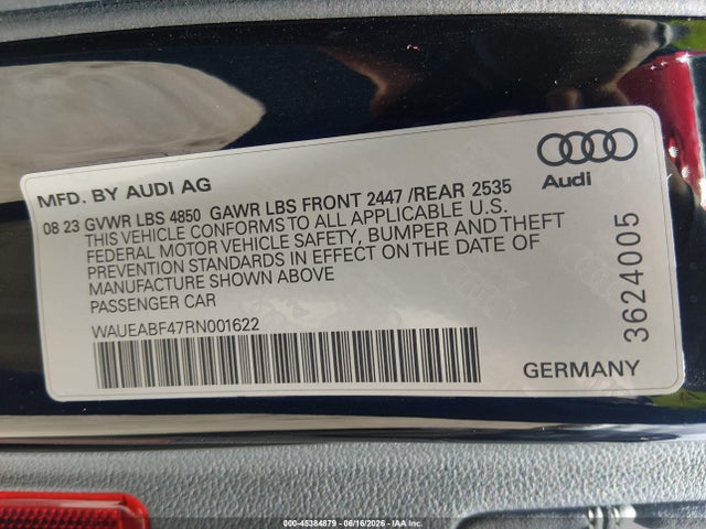 Продажа на аукционе авто 2024 Audi A4 Premium Plus 45 Tfsi S Line Quattro S Tronic, vin: WAUEABF47RN001622, номер лота: 45384879