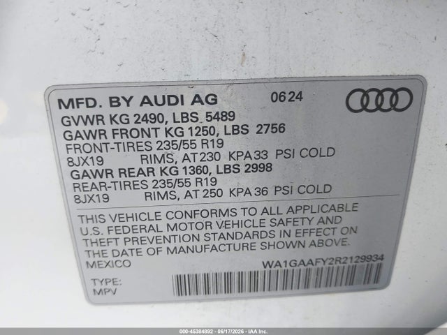 Aukcja sprzedaży 2024 Audi Q5 Premium 45 Tfsi S Line Quattro, vin: WA1GAAFY2R2129934, numer aukcji: 45384892
