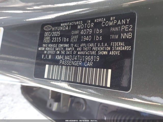 Продажа на аукционе авто 2026 Hyundai Elantra Hybrid Blue, vin: KMHLM4DJ4TU196819, номер лота: 45384918