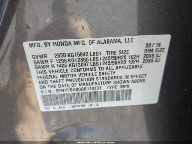 2016 Honda Pilot Elite მანქანა იყიდება აუქციონზე, vin: 5FNYF6H00GB110731, აუქციონის ნომერი: 45384943