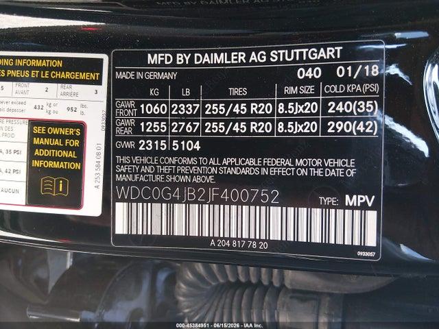 Aukcja sprzedaży 2018 Mercedes-benz Glc 300, vin: WDC0G4JB2JF400752, numer aukcji: 45384951