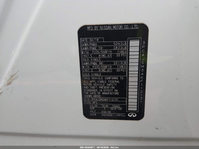 Aukcja sprzedaży 2019 Infiniti Qx50 Essential, vin: 3PCAJ5M34KF112131, numer aukcji: 45384971