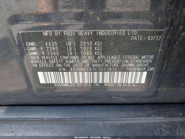 Aukcja sprzedaży 2012 Subaru Legacy 2.5i Premium, vin: 4S3BMCC63C3031910, numer aukcji: 45384975