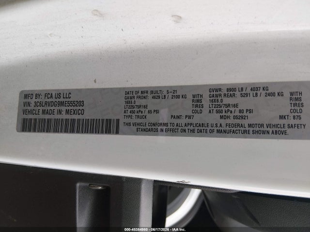 Продаж на аукціоні авто 2021 Ram Promaster 2500 High Roof 159 Wb, vin: 3C6LRVDG9ME555203, номер лоту: 45384980