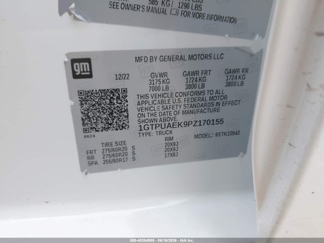 Aukcja sprzedaży 2023 Gmc Sierra 1500 4wd  Short Box Pro, vin: 1GTPUAEK9PZ170155, numer aukcji: 45384989