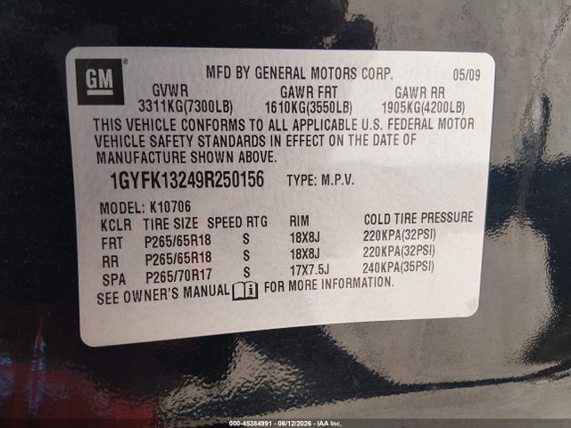 Продаж на аукціоні авто 2009 Cadillac Escalade Standard, vin: 1GYFK13249R250156, номер лоту: 45384991