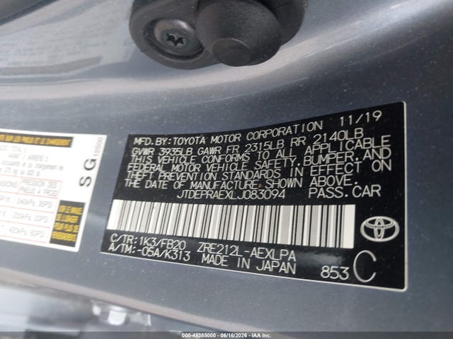 Aukcja sprzedaży 2020 Toyota Corolla Le, vin: JTDEPRAEXLJ083094, numer aukcji: 45385000