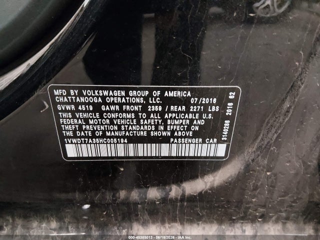 Продажа на аукционе авто 2017 Volkswagen Passat 1.8t R-line, vin: 1VWDT7A35HC005194, номер лота: 45385013