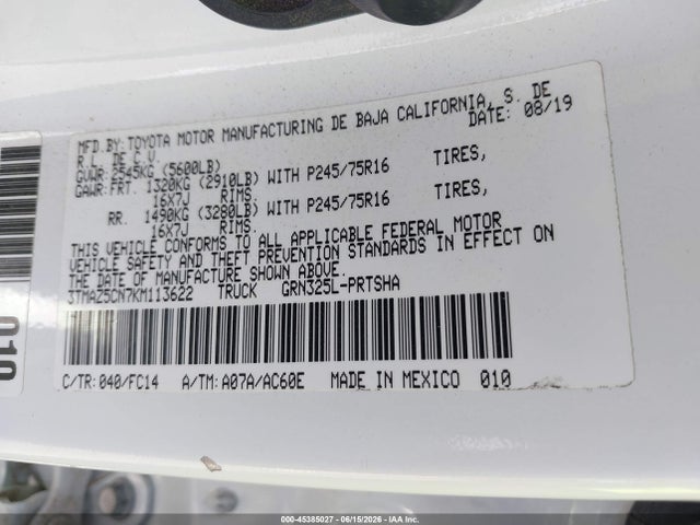 Auction sale of the 2019 Toyota Tacoma Sr5 V6, vin: 3TMAZ5CN7KM113622, lot number: 45385027