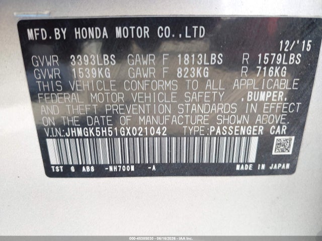 45385030 :رقم المزاد ، JHMGK5H51GX021042 vin ، 2016 Honda Fit Lx مزاد بيع