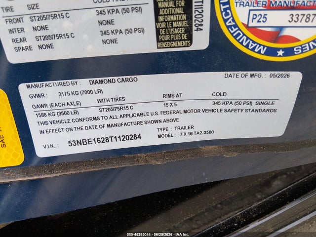 Cargo Trailer 7x16 Enclosed 2026 53NBE1628T1120284 Image 9