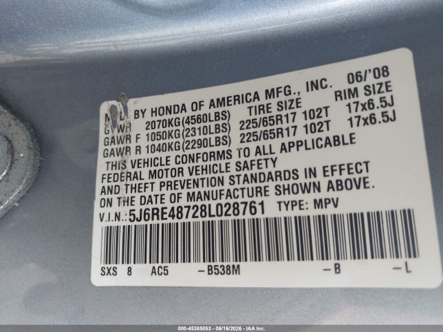 Aukcja sprzedaży 2008 Honda Cr-v Ex-l, vin: 5J6RE48728L028761, numer aukcji: 45385053