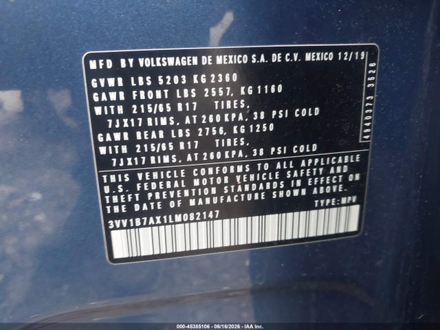 45385106 :رقم المزاد ، 3VV1B7AX1LM082147 vin ، 2020 Volkswagen Tiguan 2.0t S مزاد بيع