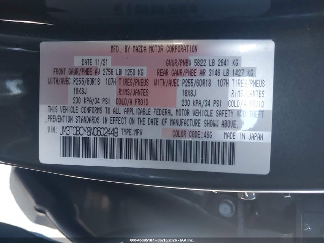 2022 Mazda Cx-9 Touring მანქანა იყიდება აუქციონზე, vin: JM3TCBCY8N0602449, აუქციონის ნომერი: 45385107