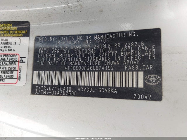 Aukcja sprzedaży 2006 Toyota Camry Solara Sle, vin: 4T1CE30P26U674192, numer aukcji: 45385120