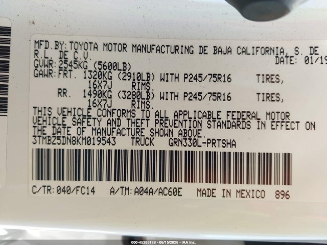 2019 Toyota Tacoma Sr5 მანქანა იყიდება აუქციონზე, vin: 3TMBZ5DN8KM019543, აუქციონის ნომერი: 45385128