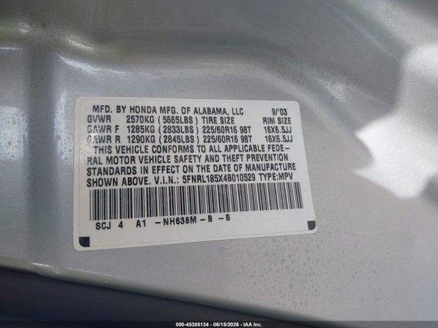 2004 Honda Odyssey Lx მანქანა იყიდება აუქციონზე, vin: 5FNRL185X4B010529, აუქციონის ნომერი: 45385134