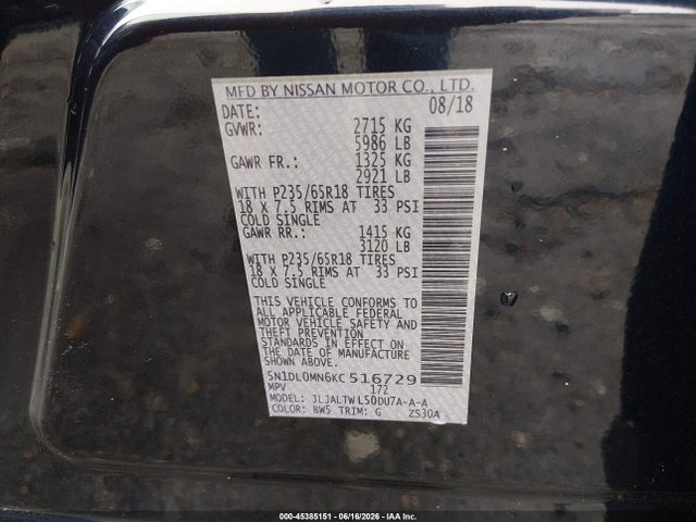 45385151 :رقم المزاد ، 5N1DL0MN6KC516729 vin ، 2019 Infiniti Qx60 Luxe مزاد بيع